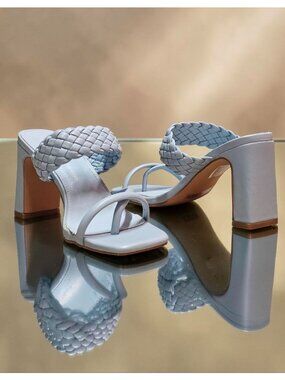 Braided Strap Block Heel Sandals In Light Blue With Square Toe Design